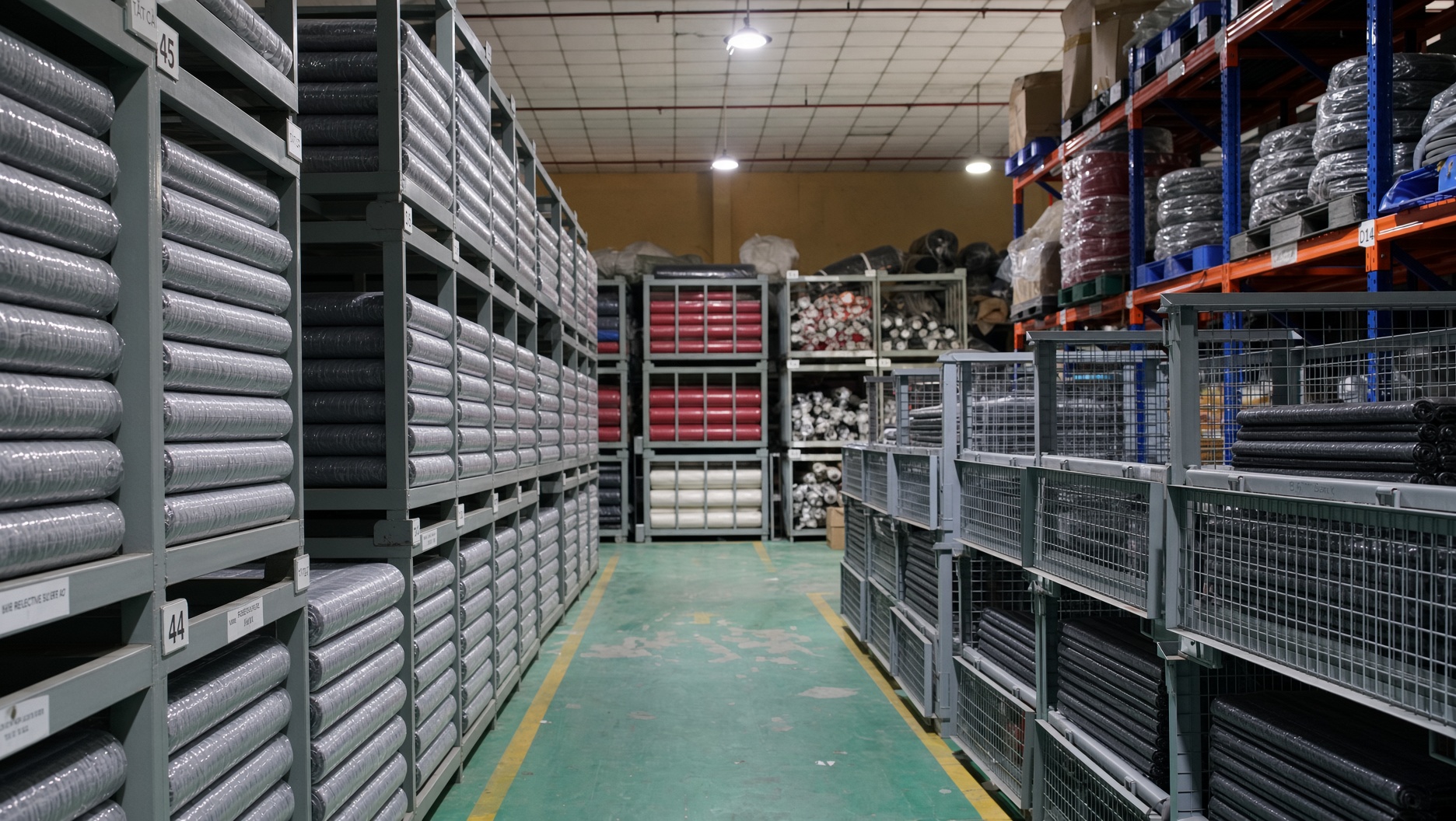 Organized rolls of material in the factory storage area